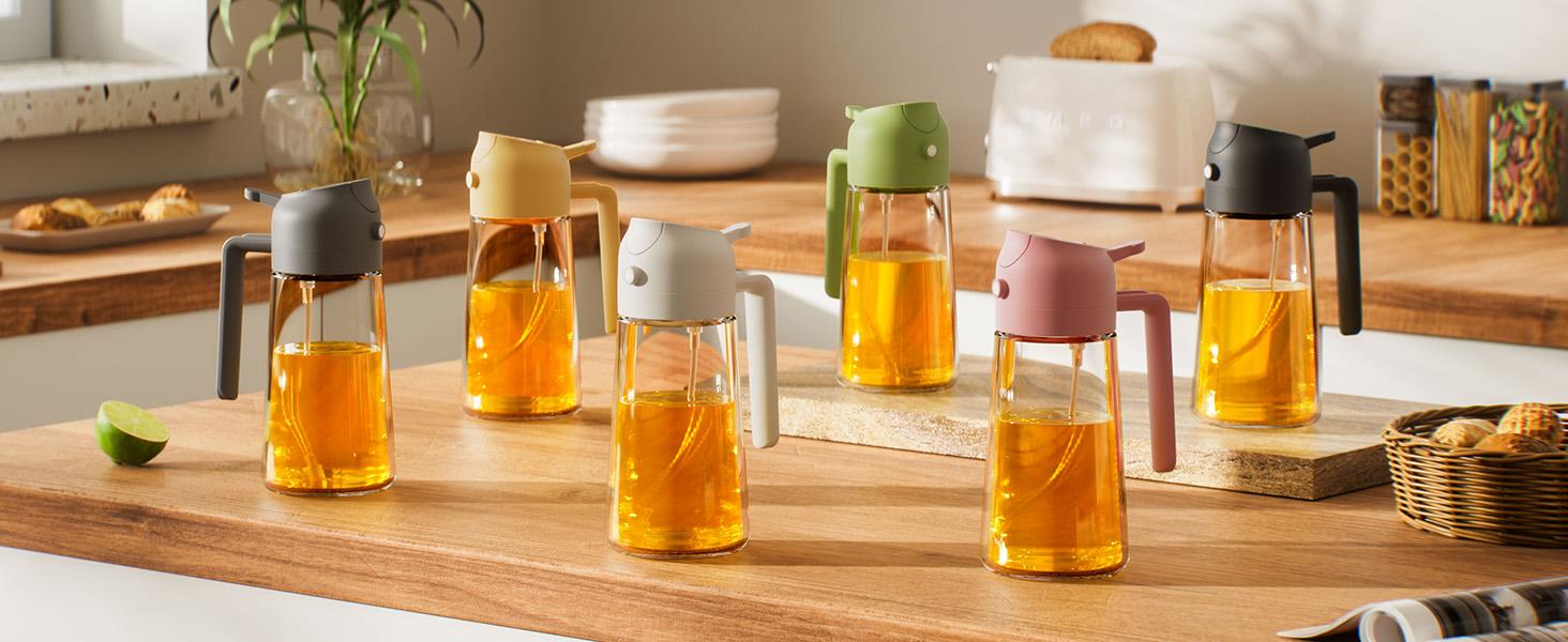 16oz/470ml Glass Olive Oil Sprayer for Cooking with Stickers, 2 in 1 Oil Dispenser for Kitchen Gadgets, Food Grade Premium Spray Bottle with Portion Control for Salad, Frying, BBQ (Black)