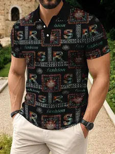 Men's Vintage Geometric Texture Polo Shirt, Classic Turn-Down Collar, Casual Fitted T-Shirt, Artistic Letter Print, Versatile Top