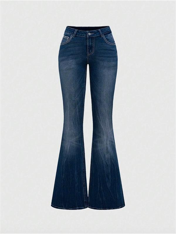 Grunge Punk Y2K Retro Poket Cross Wings Embroidered Flare Leg Fitted Stretch Jeans For Women,Bootcut Jeans