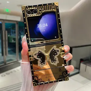 Square Colorful Electroplated Gold-Plated Butterfly Phone Case Cover for Galaxy Z Flip 7/6/5/4/3, with Butterfly Stand, Luxurious Trendy Design and Protective Accessory, Offers Stylish Protection, Cellphone Casing