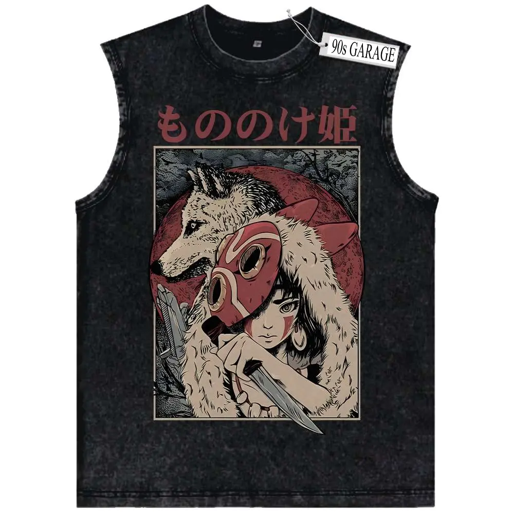 Men's Vintage Washed Anime Tank Top | Retro Japanese Wolf Graphic Muscle Shirt | Distressed Acid Wash Mask Vest | Casual Harajuku Streetwear Tee