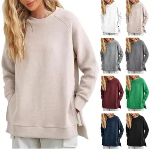 Fisace Women's Oversized Sweatshirts Long Sleeve Crew Neck Ribbed Pullover Loose Side Zipper Tunic TopGift