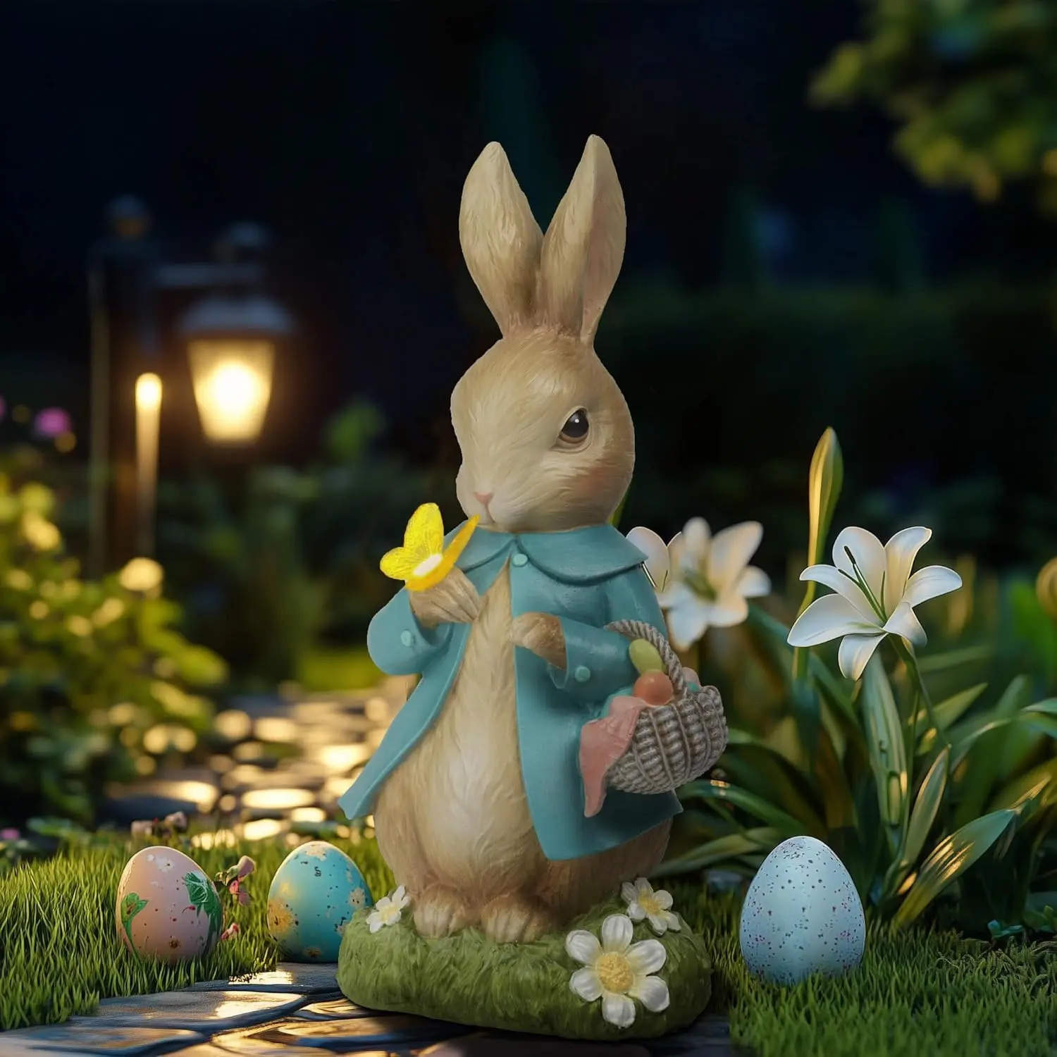 Bunny Garden-Statues for Easter-Decor - Garden Rabbit Sculptures with Solar Butterfly Lawn Ornament  Loverly Sculpture Patio Yard Balcony Porch and Home Easter Gifts Mom