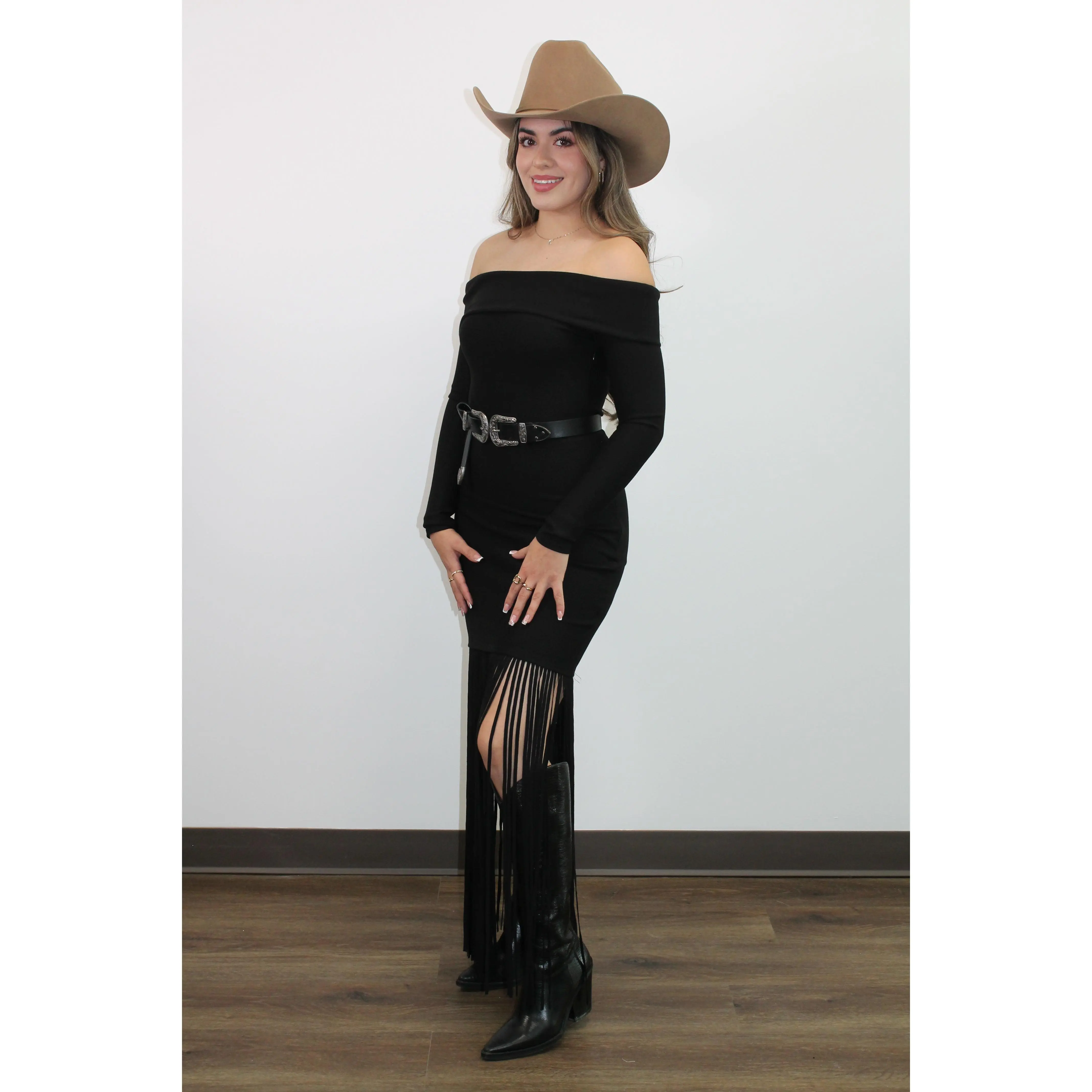 knee length dresses for ladies Black Fringe Midaxi Dress main image 0