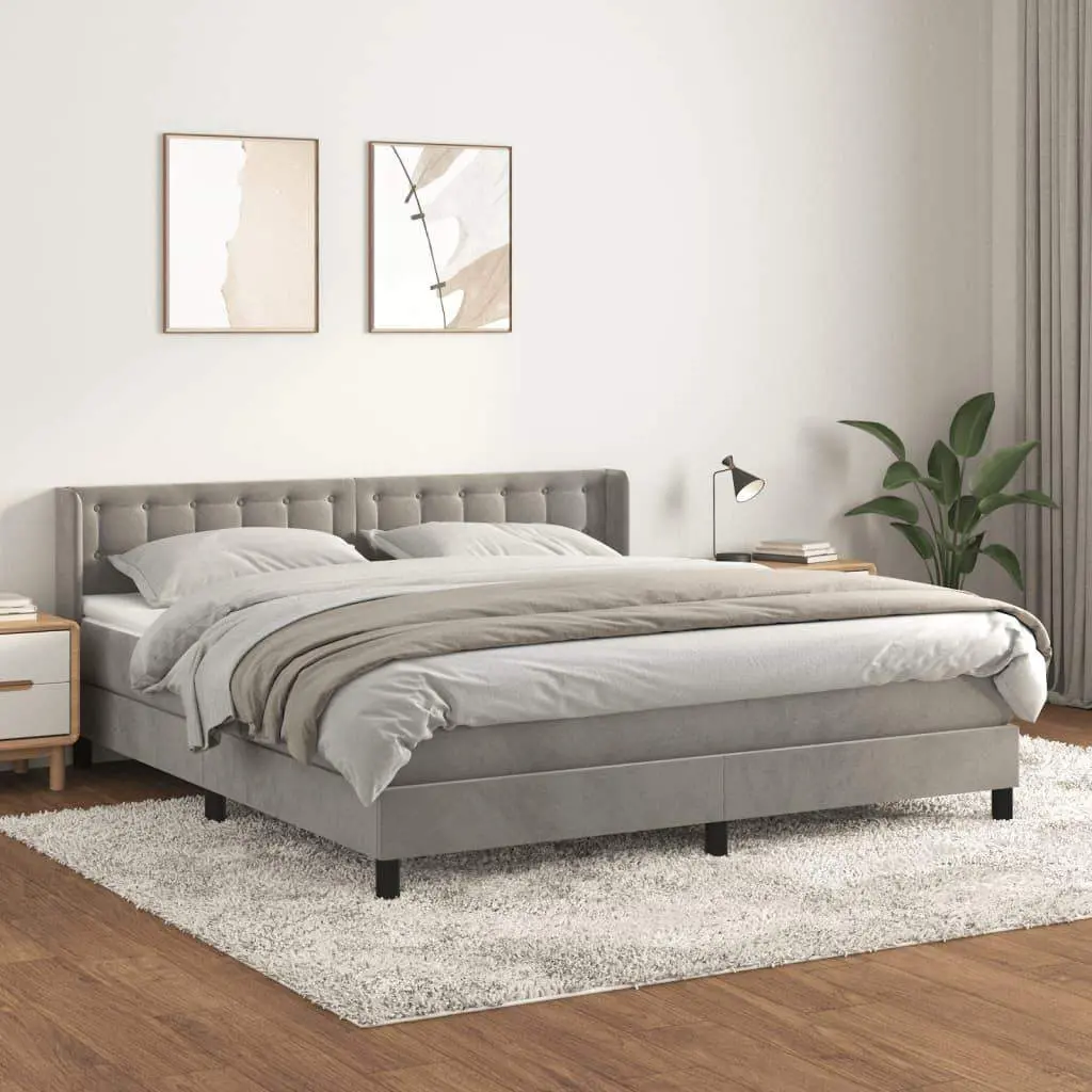 Box Spring Bed with Mattress Light Gray King Velvet