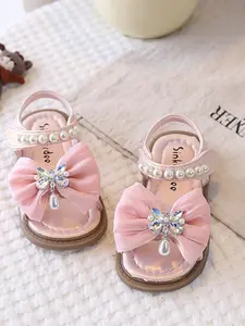 Girls' Rhinestone Bow Pearl Princess Shoes, Cute Sweet Style, Soft Sole Anti-Kick Velcro, Versatile Bow Decorated Sandals for Flower Girl, School, Travel