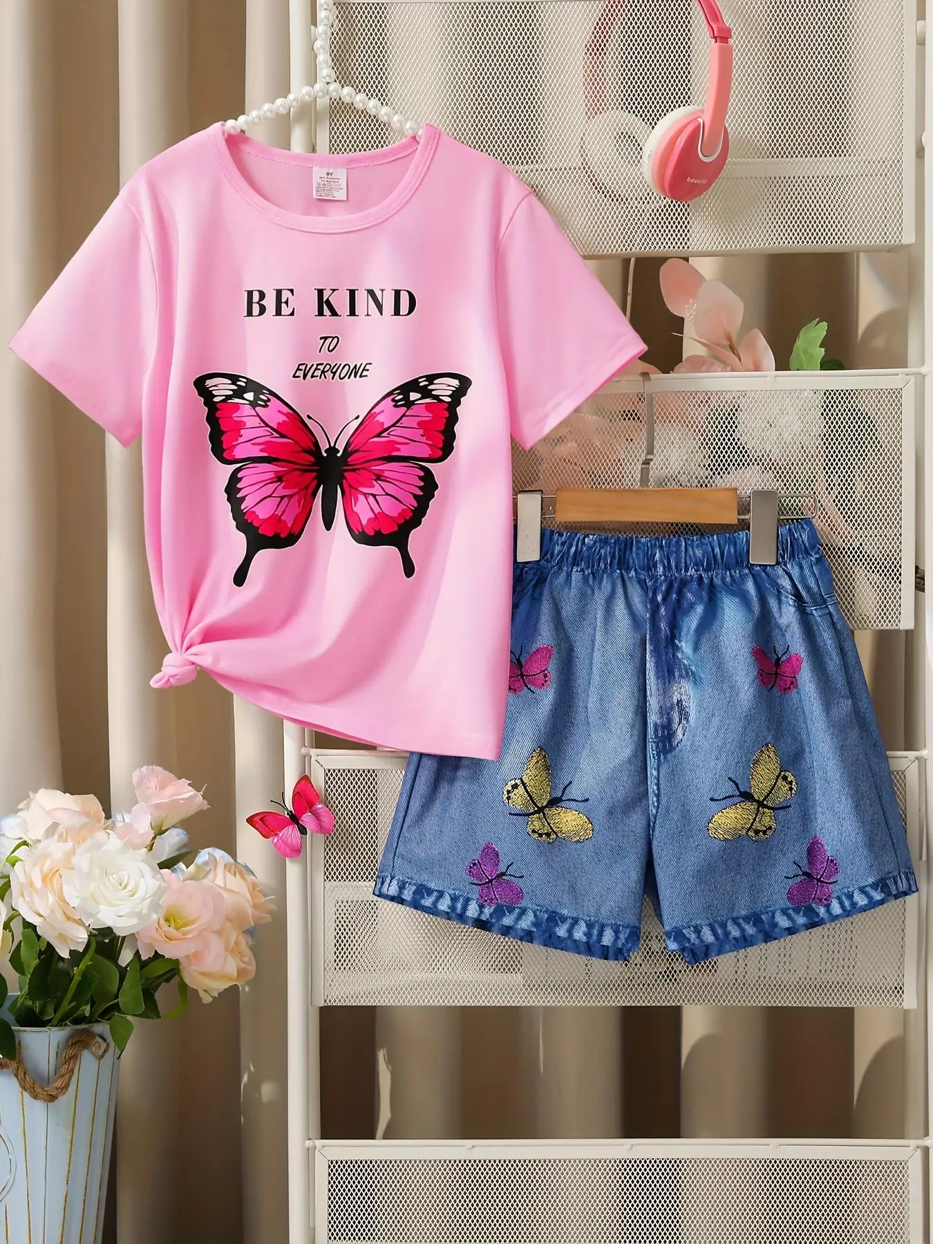 Two-Piece Set Girl's Butterfly Letter Print Short Sleeve Tee & Elastic Waist Shorts, Casual Round Neck T-shirt & Shorts, Kids Summer Clothes