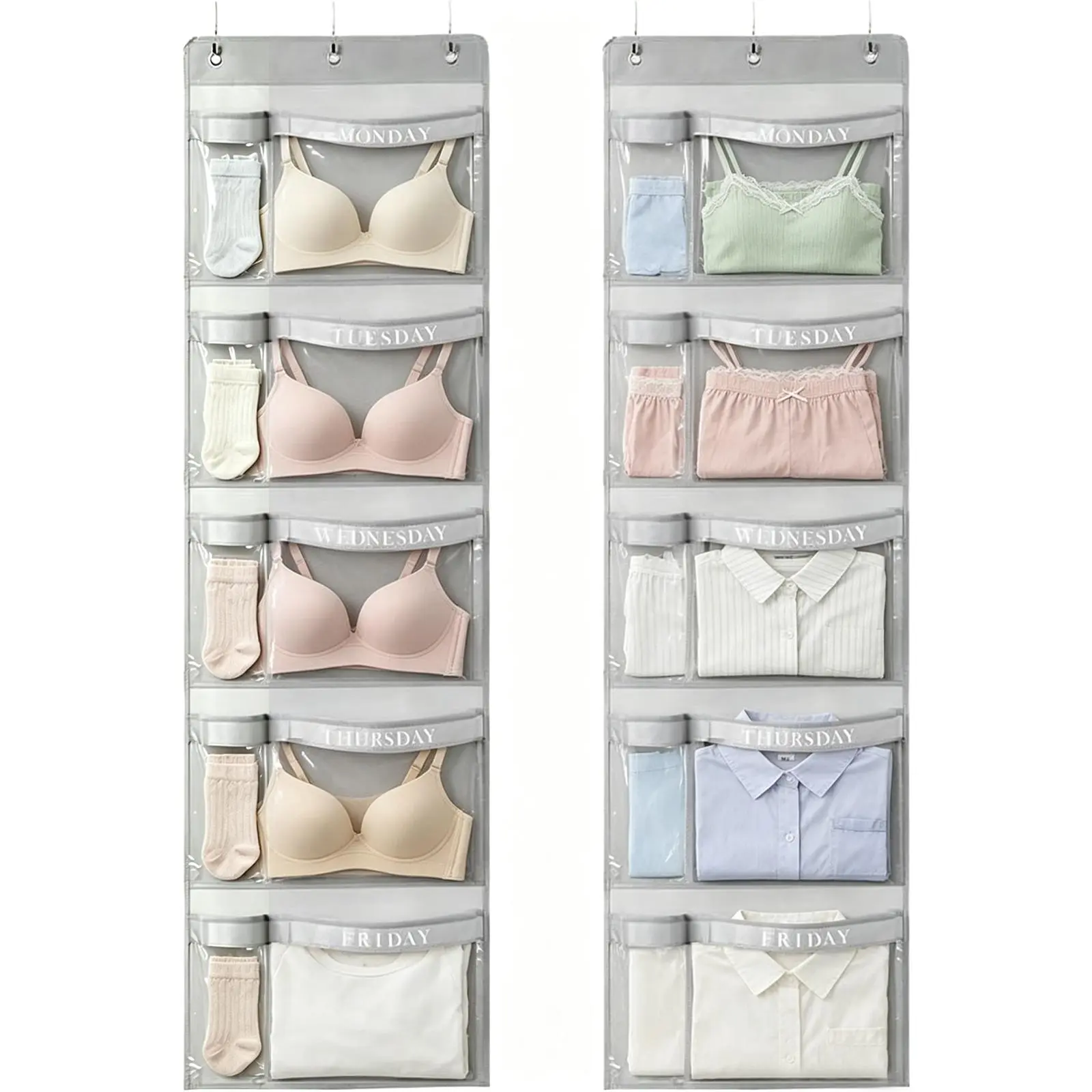 Kids Weekly Clothes Organizer - 5-Layer Closet Hang Storage with 57x16.5" Labeled Pockets for School Days, School Outfits Organization