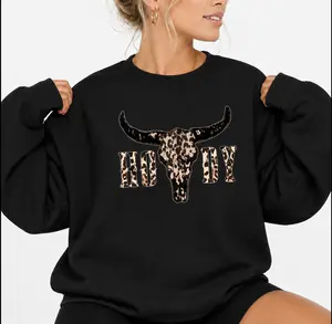 Women's Cotton Long-Sleeve Round Neck Leopard Printed Pullover Sweatshirt - Western Country Girl Style Country Music Southern Gift for Ladies
