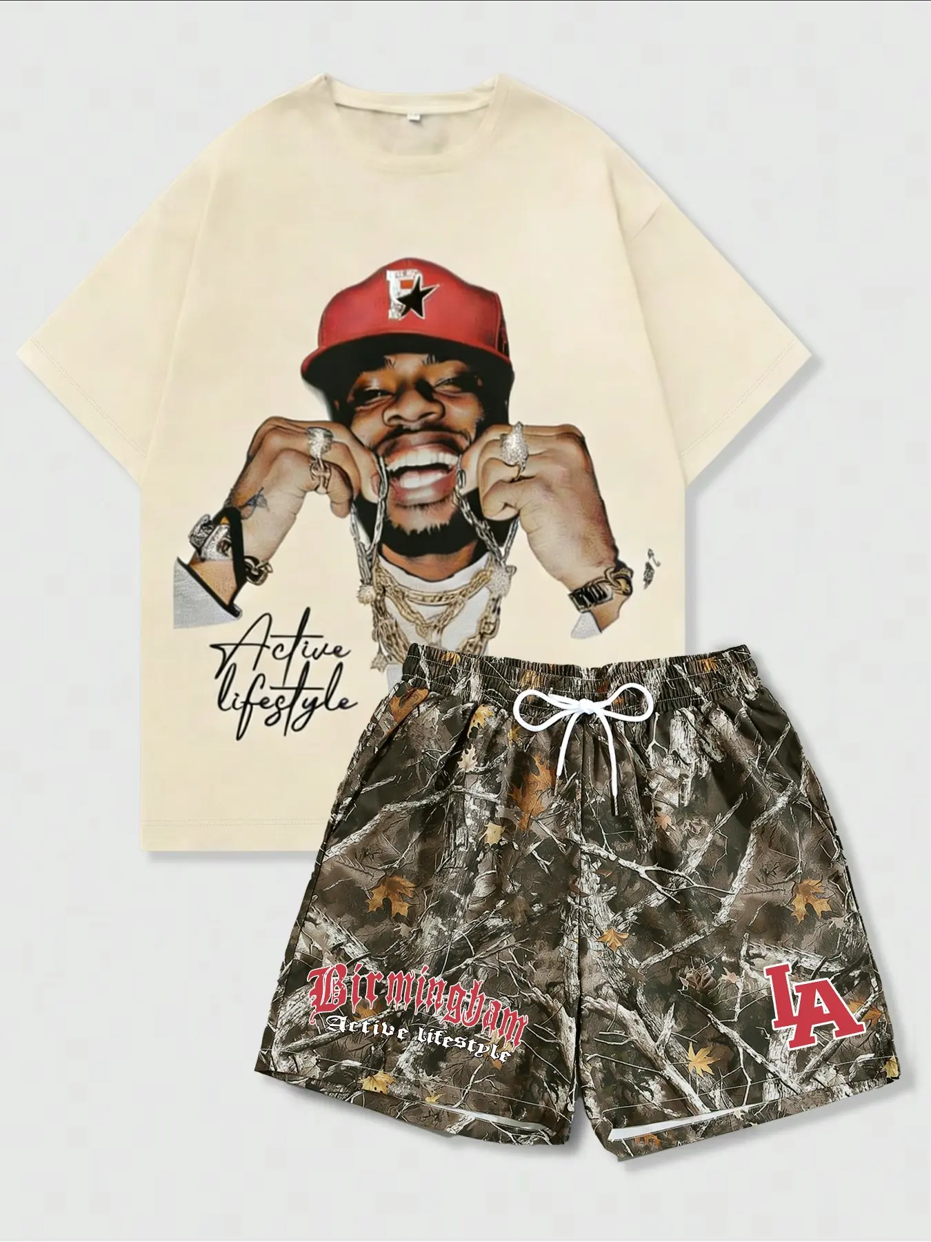 New Fashion Menswear Street Style Streetwear Print Design Hip-Hop Fitted T-Shirt + Colorblock Tree Shorts Set, Trendy Two-Piece Casual Sportswear Outfit