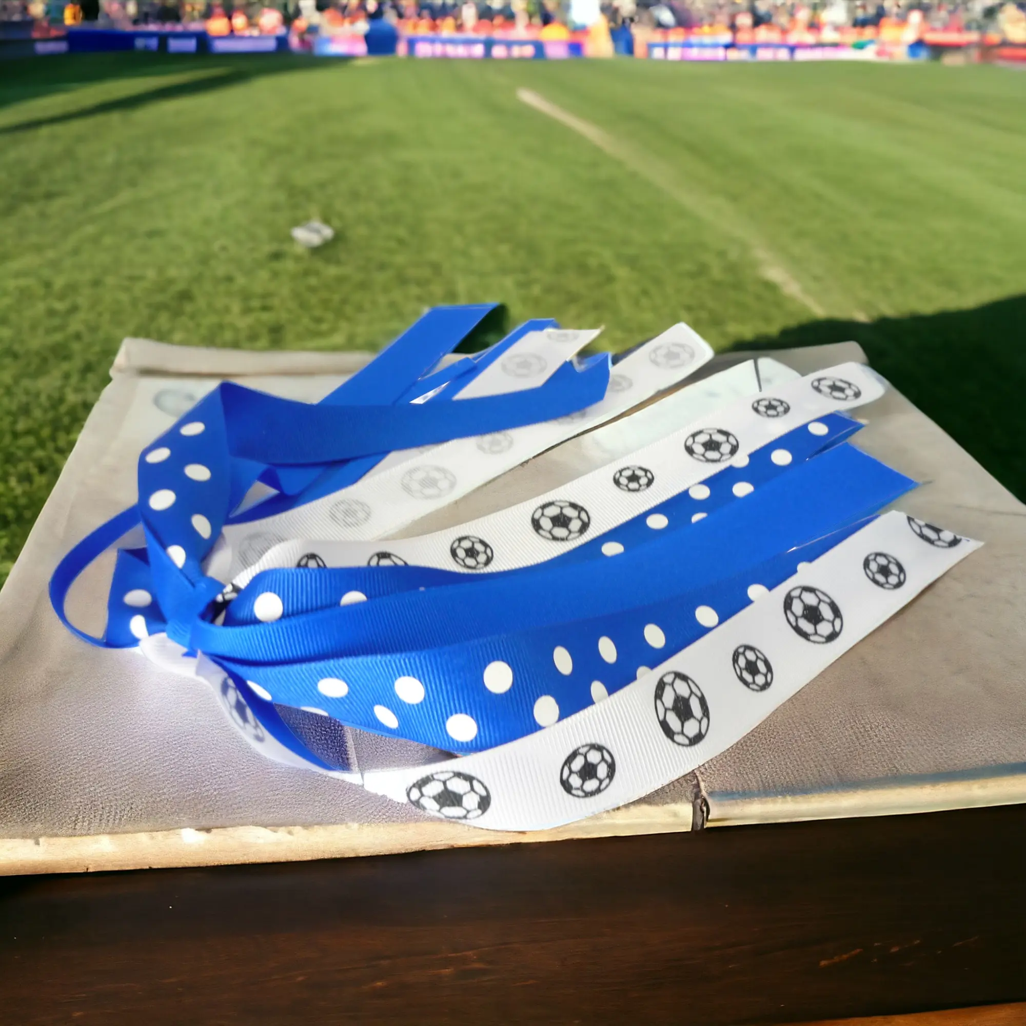 Electric Blue & White Glitter Soccer Ponytail Holder Hair Bow, Ribbons for Girls Sports Team