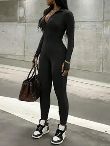 Women's Solid Zipper Jumpsuit, Casual Comfy Thumb Hole Long Sleeve Skinny Jumpsuit for Daily Wear, Ladies Clothes for All Seasons, Womenswear
