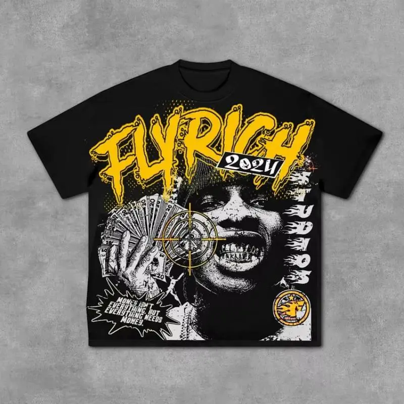 Fly Rich Abstract Human Face Graphic 100% Cotton T-Shirt Men Y2K
