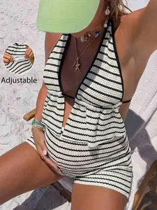 NANCY Maternity Striped 2-Piece Maternity Set - Adjustable Halter Top & Comfy Shorts for Summer Beach Vacations