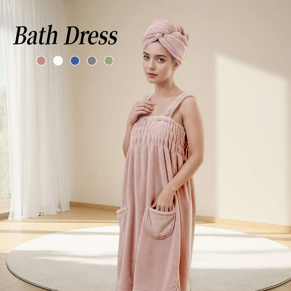 Women's Bath skirt Dry Hair Cap Set, Coral Fleece Absorbent Head Wrap Hair Turban Towel, Adjustable Strap Design, Reusable & Durable Bath skirt Essentials