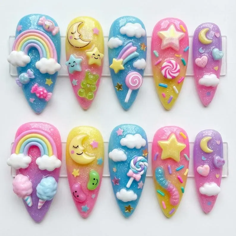 Rainbow Press On Nails 3D Glam Colorful Candy Ice Cream Star Galaxy Sky Star Moon