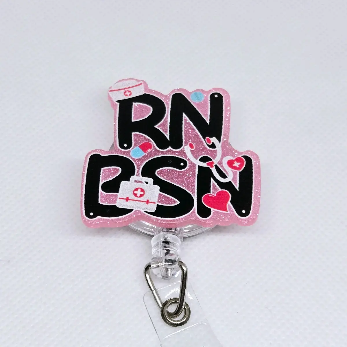 RN BSN Registered Nurse Pink Glitter Acrylic Retractable Badge ID Reel Belt or Alligator Clip hospital worker