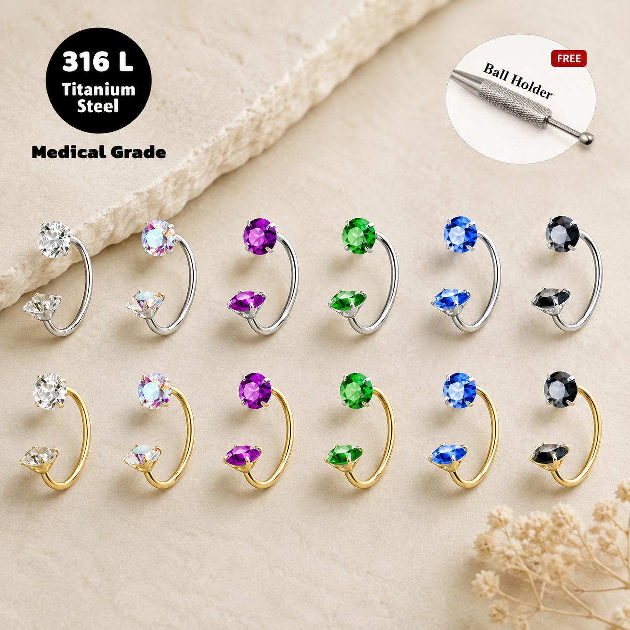 6pcs Value Pack 316L medical-grade titanium steel 18G 1.0mm Horseshoe Nose Hoop Internally Threaded Gems Nose Ring with Free Ball Holder & Guiding Needle