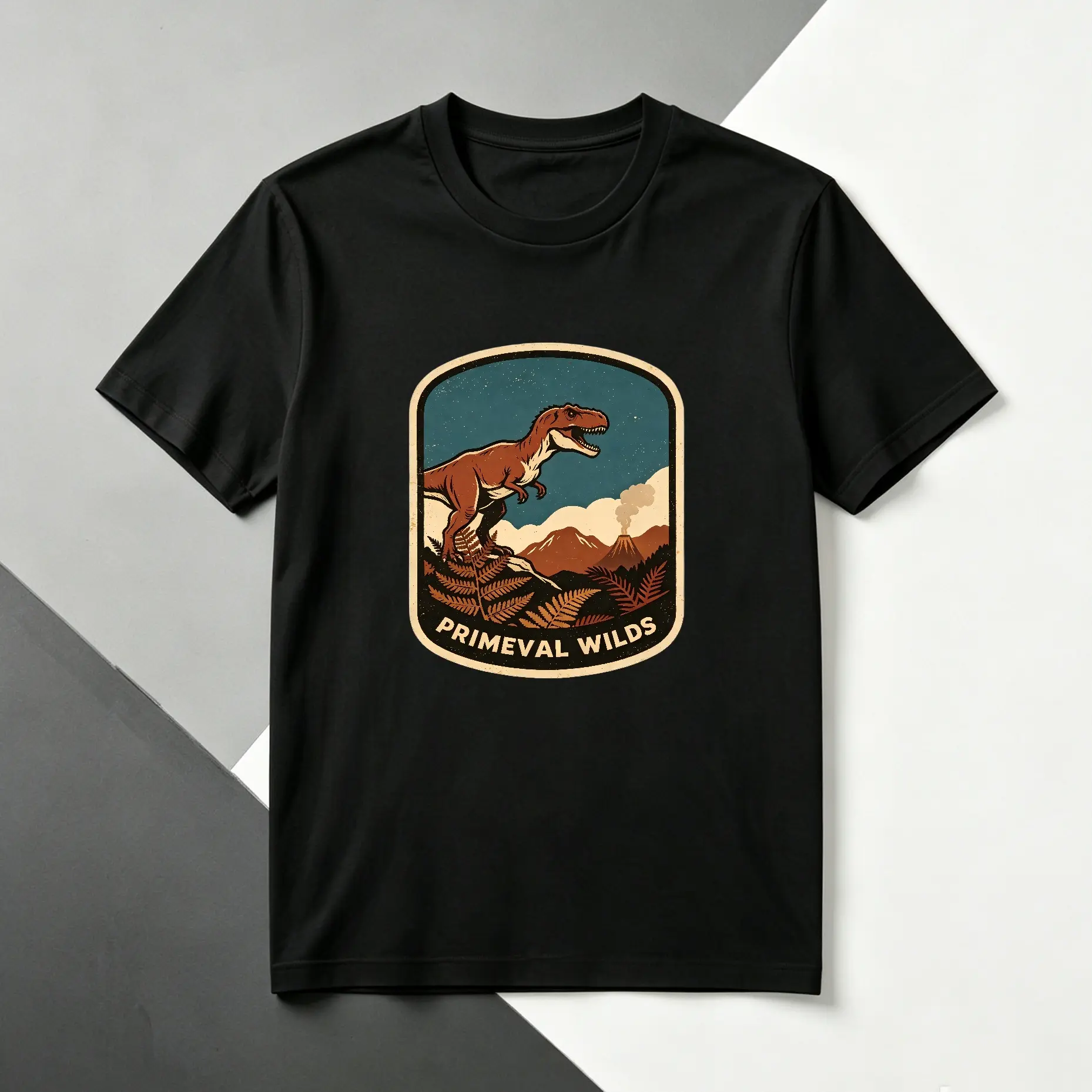 Vintage Primeval Wilds T-Rex Graphic T-Shirt Retro Prehistoric Dinosaur Volcano Mens Cotton Short Sleeve Tee campingessentials