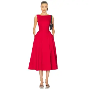 Helsa Stretch Cotton Sateen Midi Dress in Red