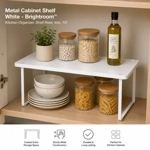 Brightroom White Metal Cabinet Shelf 15 Inch – Heavy Duty Iron Kitchen Organizer & Shelf Riser, Space-Saving Cabinet Storage for Pantry, Countertops & Kitchen Organization