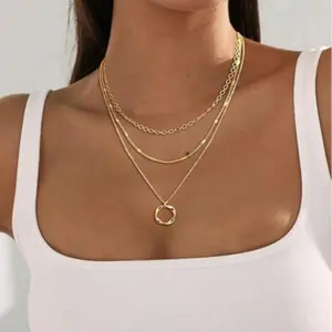 2PCS-Thick Chain Exaggerated Neck Chain Regular Circle Pendant Fashion Alloy Necklace Hip Hop Personality Stacked Necklace