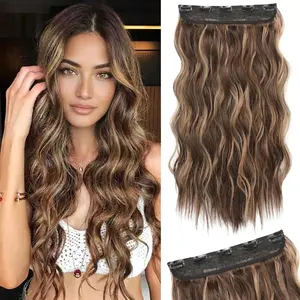 Plodon  5-Clips One Piece Chestnut Brown with Blonde Highlights | 16/20/24" Bouncy Body Wave Extensions | Luxury Sunkissed Balayage | Natural Matte Finish | Heat Resistant Seamless Hair Hacks | Your Perfect Spring Glow Up Essential