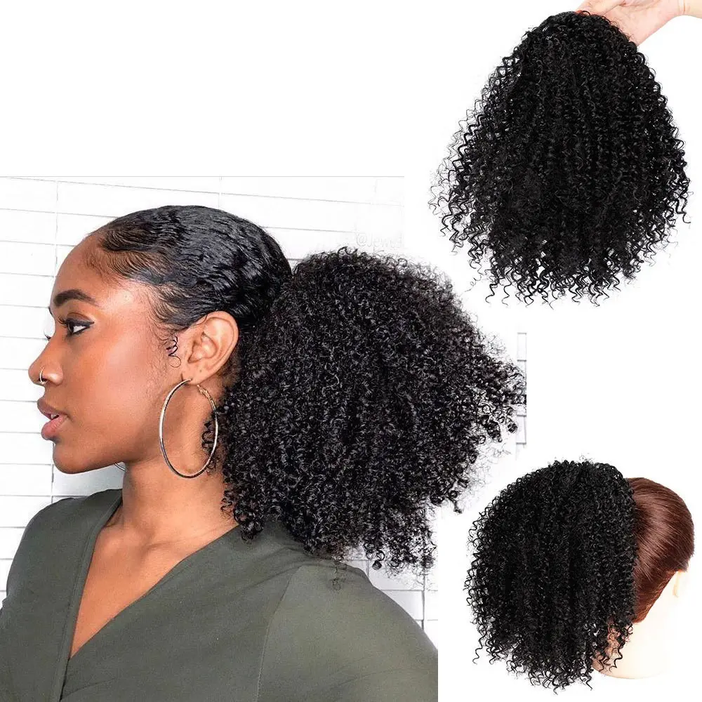 Perismoda Hair  Afro Kinky Curly Drawstring Ponytail Human Hair Clip In Kinky Curly Ponytail Extensions Natural Black Human Hair Pieces for Black Women