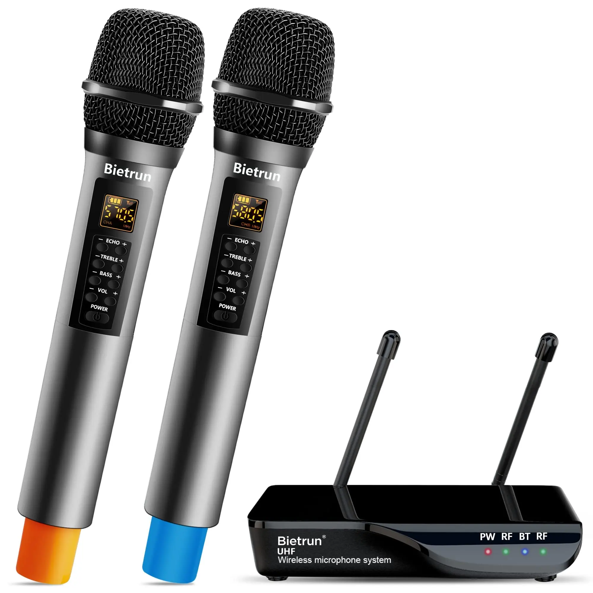 Bietrun Dual UHF Cordless Handheld Microphone System - Echo, Treble, Bass Control, 160ft Range, Bluetooth Receiver, 3.5mm Jack, Plug-and-Play Plug Connection for Home Karaoke, Wedding, Business, Car Audio System (Compatible with TV Boxes, iPhone)