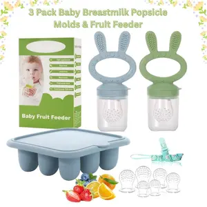 Unisex 3-Pack Silicone Baby Breastmilk Popsicle Molds & Leakproof Fruit Feeder Set, Baby Food Freezer Tray, Teething Pacifier Feeder (Blue)