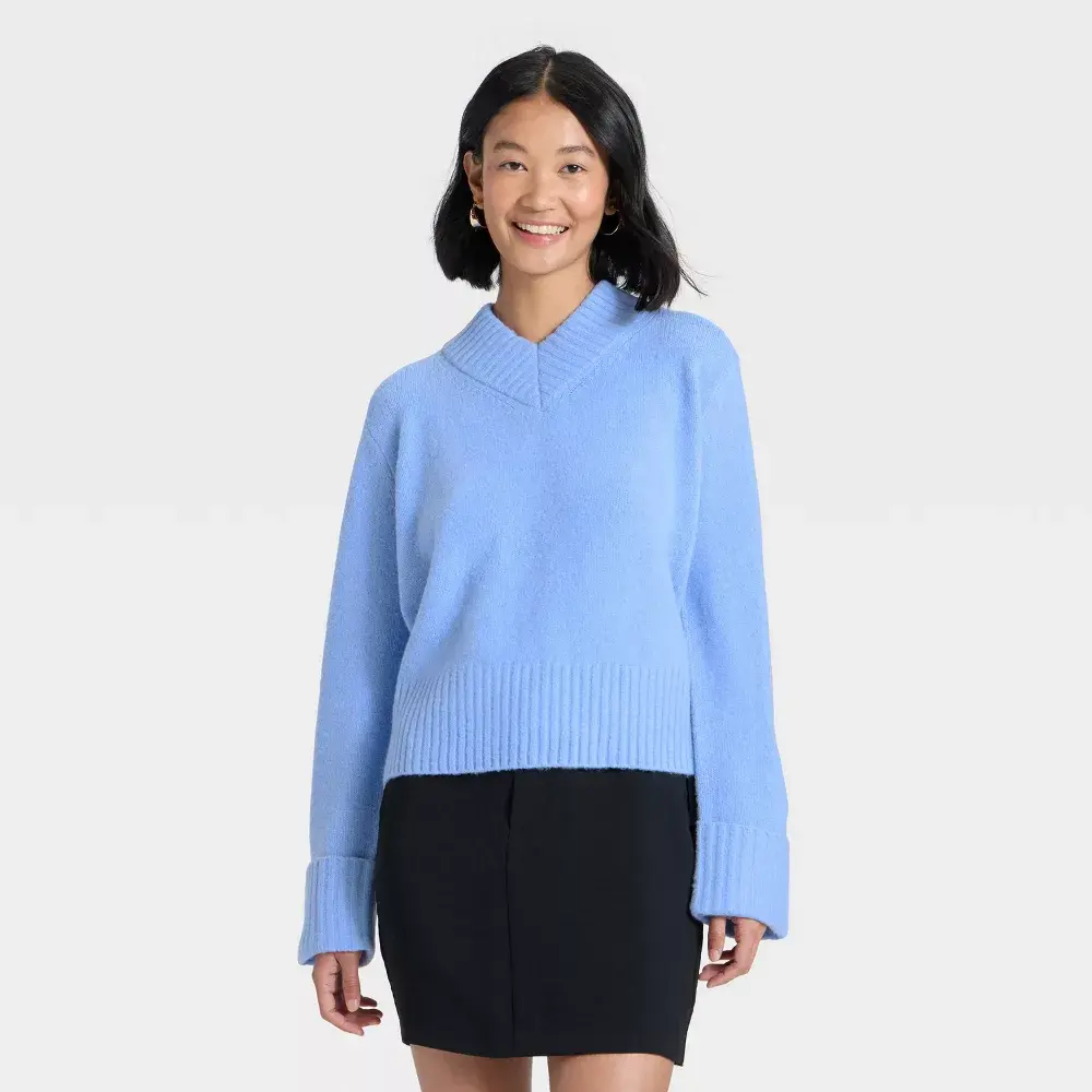 A New Day Women's Cozy Knit Boxy Pullover Sweater - V-Neck Casual Fit Jersey with Turnback Cuffs & Recycled Polyester Blend, Spandex, Style