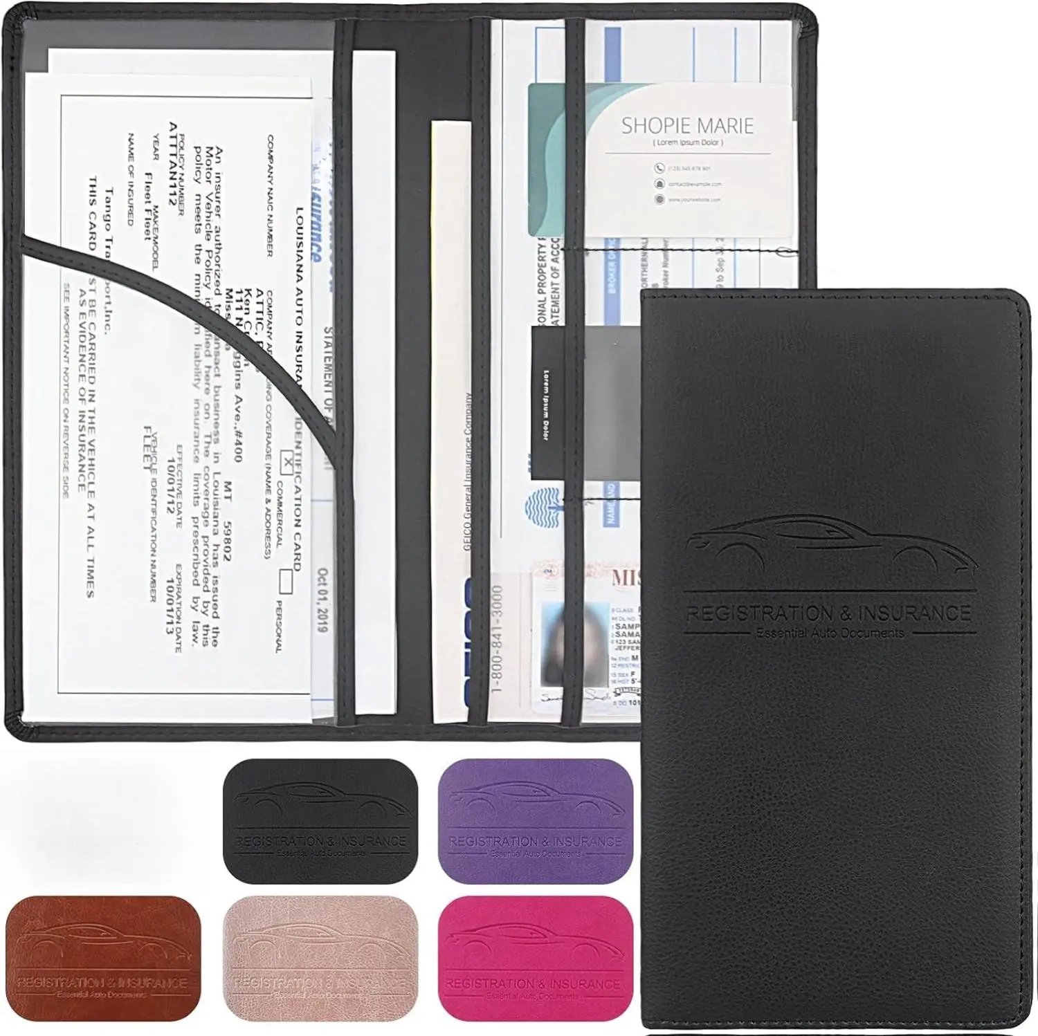 Premium Car Registration & Insurance Card Holder with Magnetic Shut, Vehicle Glove Box Car Organizer - For Documents, Cards, License (Black)