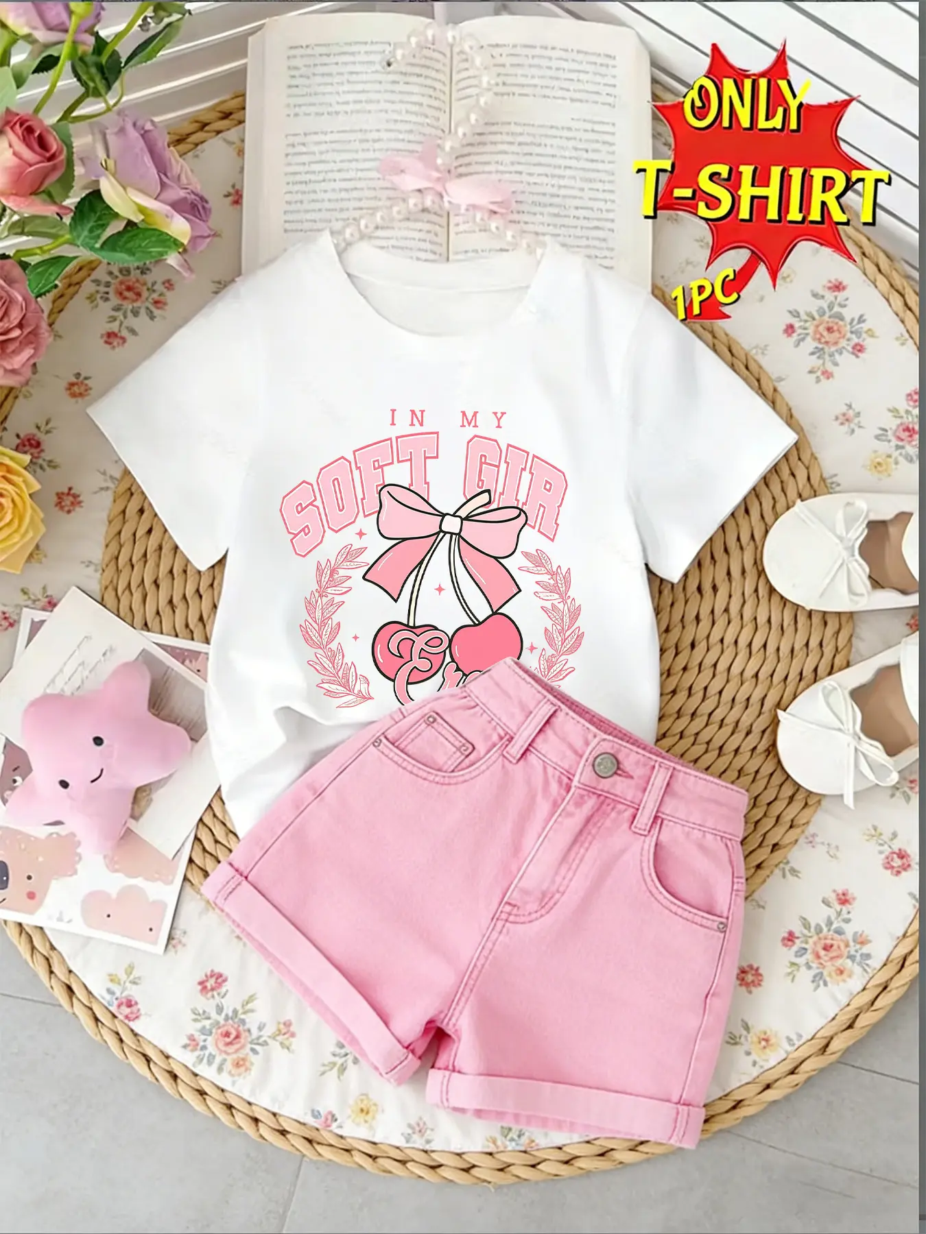 Girls White Short Sleeve Cotton T-Shirt, In My Soft Girl Pink Bow Cherry Wreath Graphic Kids Casual Crew Neck Summer Tee
