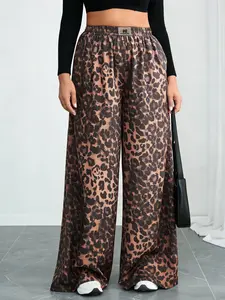 Plus Size Women's Leopard Print Letter Patch Pocket Wide Leg Casual Pants, High Waist Curvy Fit, Spring & Fall Fashion