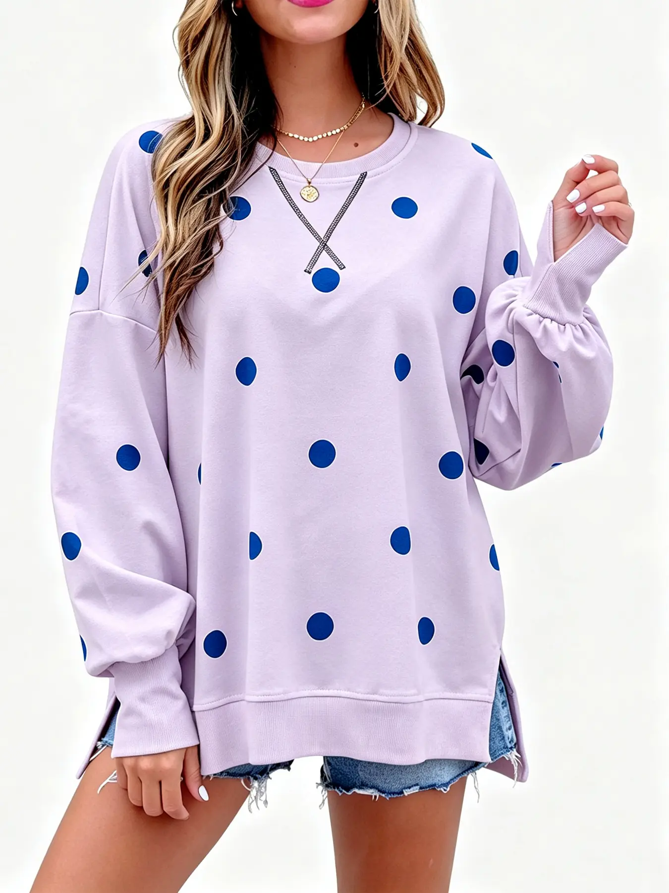 Women's Polka Dot Oversized Sweatshirt , Lantern Sleeve Side Split Trendy Dotted Crew Neck Tops Everyday Casual Outfit Fall Tops
