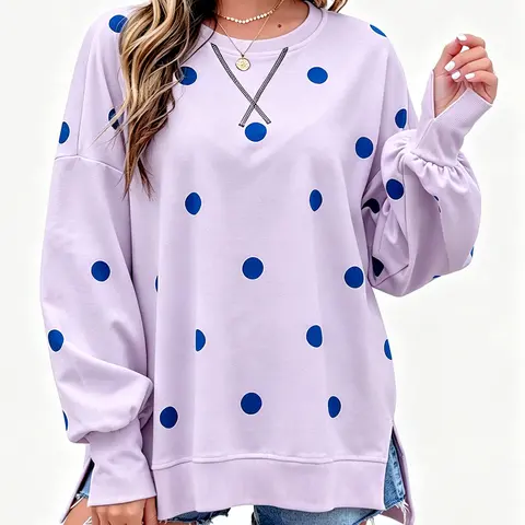 Blaosn Women's Polka Dot Oversized Cropped Pullover Sweatshirt - Collared Crew Neck, Long Lantern Sleeves, Side Split, Fall Casual Sports Outerwear, Stylish Top for Women's Clothing, Long Sleeves, Style