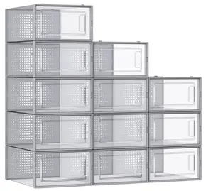 Shoe Boxes, Pack of 12 Shoe Storage Organizers, Stackable Clear Plastic Boxes for Closet, Sneakers, 9.1 x 13.1 x 5.6 Inches, Fit up to US Size 11, Transparent and Gray
