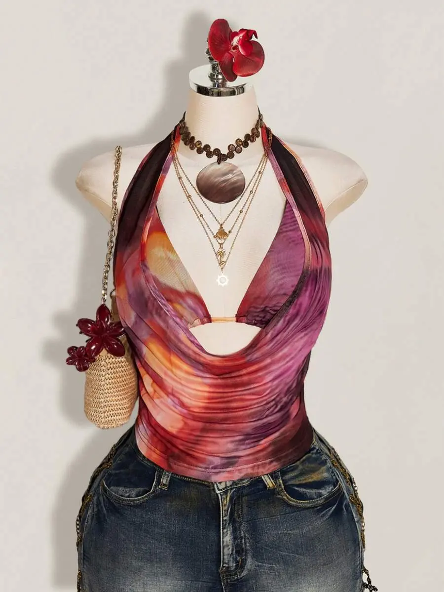 Plus Size Backless Halter Glitter Tank Top 2Pcs Mesh Cami for Concert Beach Hawaii Party