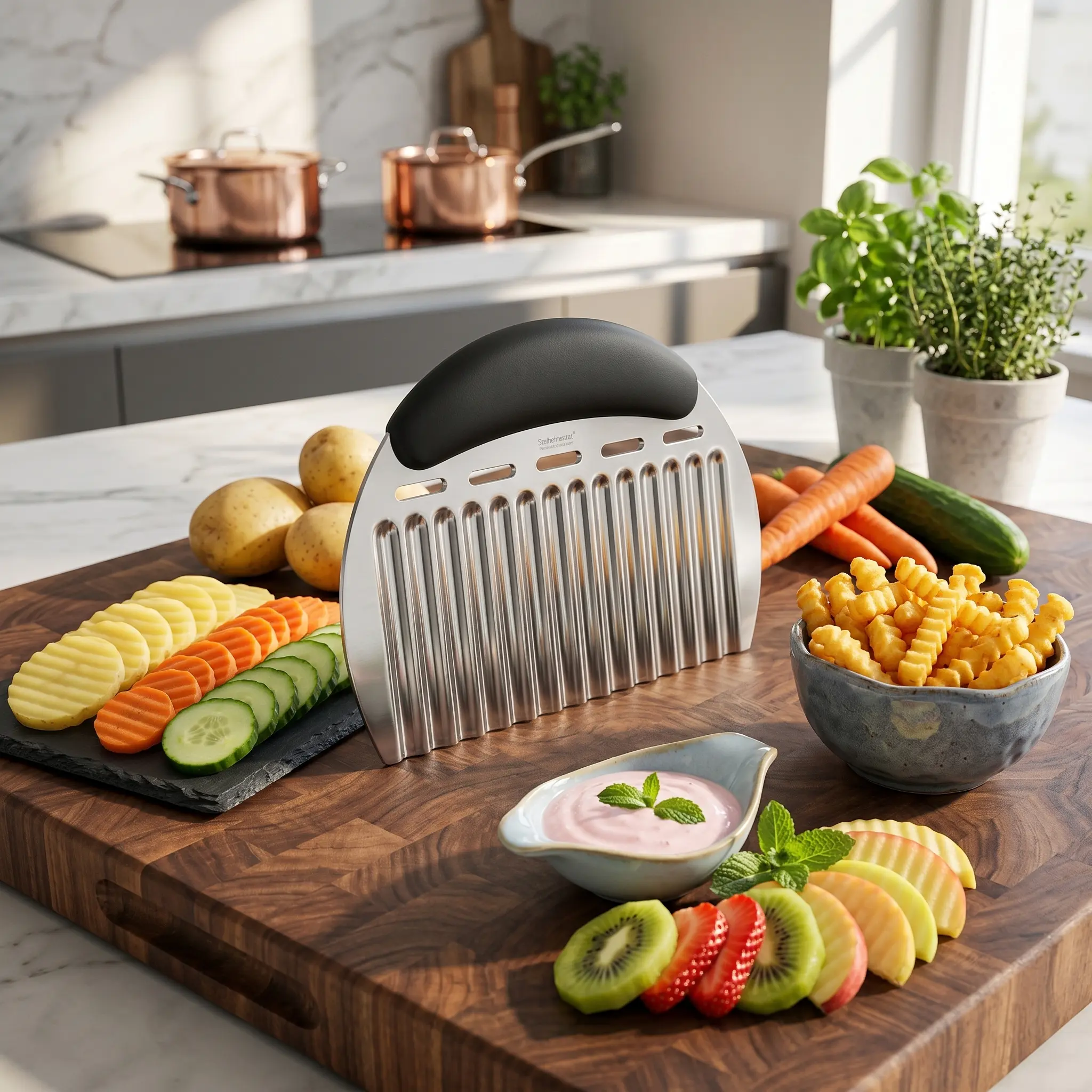 Large Crinkle Cutter French Fry Slicer Stainless Steel Wavy Potato Vegetable Chopper with Handle