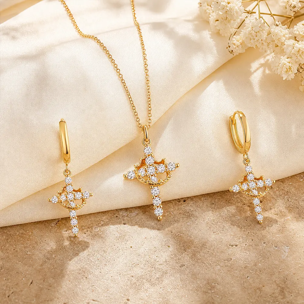 Women's 1-Set Gold Crown Cross Necklace & Earring Set, Sparkle Cross Shape Jewelry, Wedding Wear Faith Gift Idea for Daughter Birthday