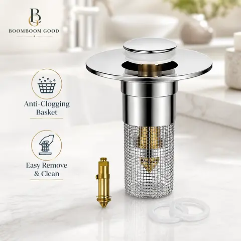 Universal Pop-Up Sink Drain Stopper with Stainless Steel Filter Basket Anti-Clog Debris Catcher Easy Install for Bathroom Kitchen