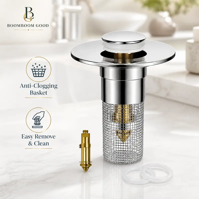 Universal Pop-Up Sink Drain Stopper with Stainless Steel Filter Basket Anti-Clog Debris Catcher Easy Install for Bathroom Kitchen
