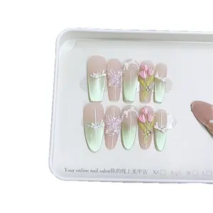 Hand-Painted Three-Dimensional Flower Branches Tulips Pearls Bows Green and White Gradient Halo Acrylic False Nails Press-Type Detachable Reusable Nail Patches