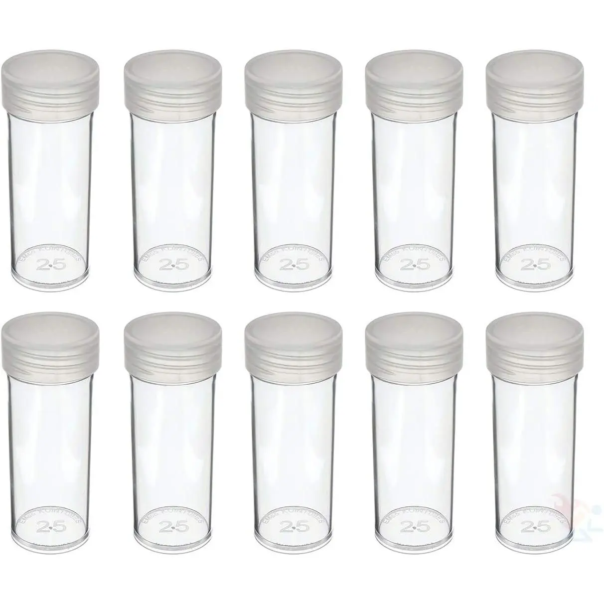 10 round clear plastic quarter coin storage tube holders with screw-on lids