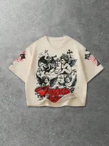 Men's Casual Fashion Graphic Tee, Cream Color Angel Print, Cross Design, Loose Oversized Fit, Perfect for Campus & Night Out, Menswear