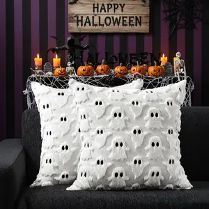 Halloween Pillow Covers 18x18 inch Set of 2 White Ghost Throw Pillow Cases Soft Plush Faux Fur Wool Couch Cushion Case for Chair Sofa Bedroom Living Room Home Decor