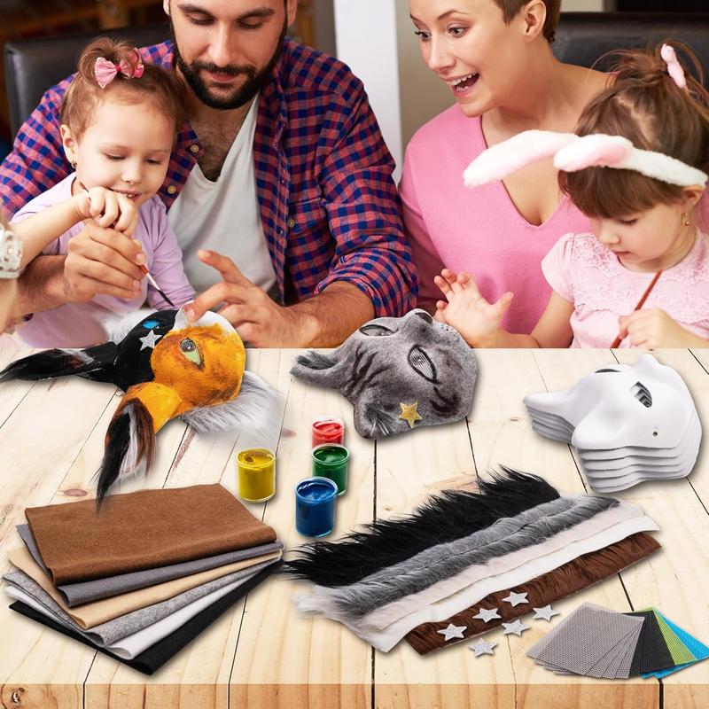 Cat Fox Therian Masks 42PCS with Felt Furs Eye Meshes and Stars, Costume Furry Masks to Paint, Animal Mask Arts Crafts Kit, Dress Up DIY for Halloween Christmas Cosplay Party Interaction