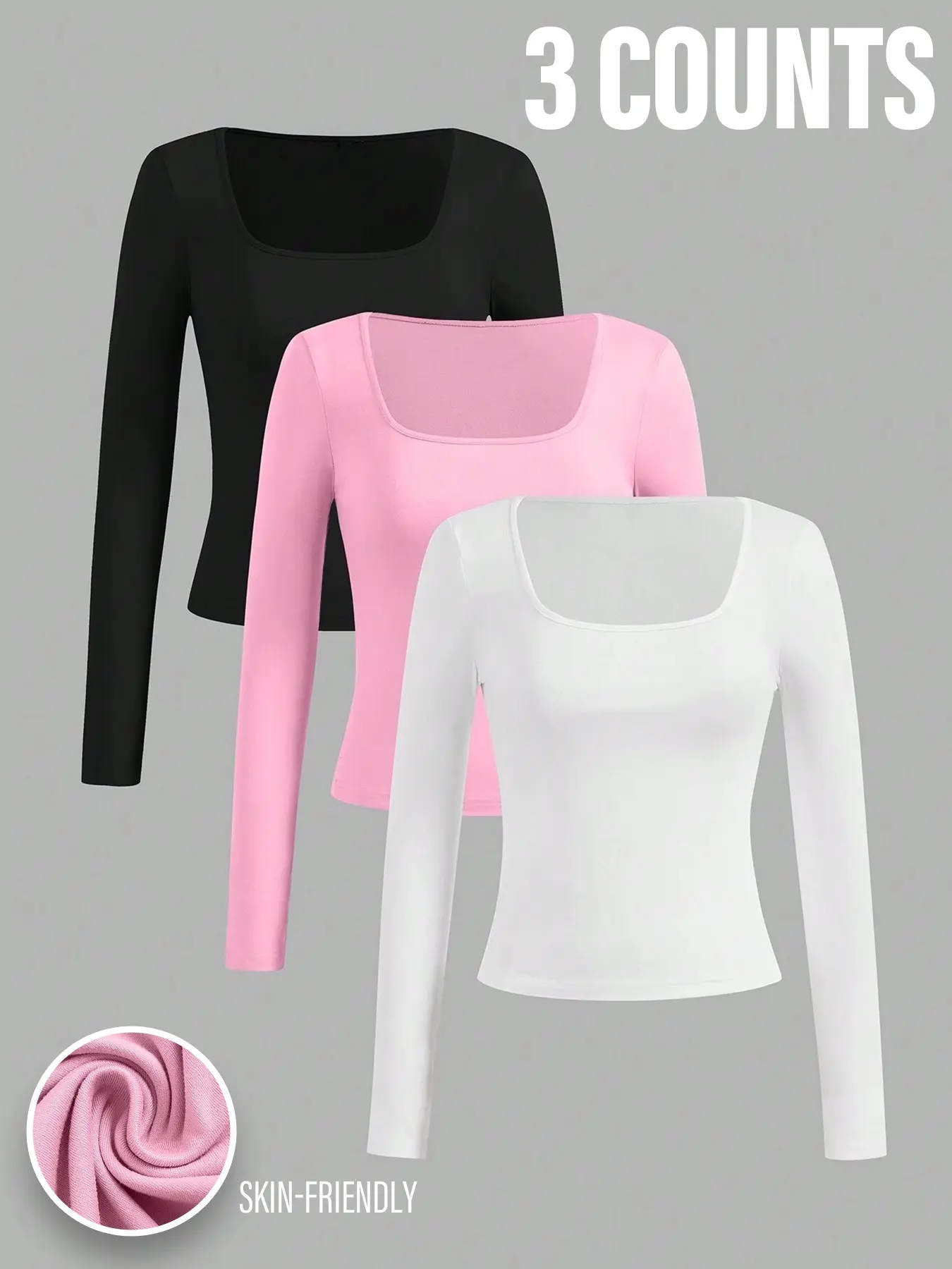 3-Piece Set Vintage Square Neck Slim Fit Long Sleeve T-Shirts, Casual Innerwear, Sportswear Base Layer, Everyday Wear