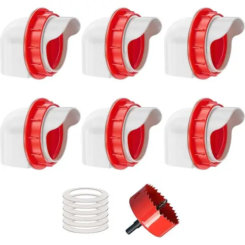 Chicken Feeders No Waste, DIY Automatic Poultry Feeder 6 Ports 1 Hole Saw with Covers Gravity Feed Kit for Buckets Barrels Bins Troughs Dispenser Dry Food Feeding