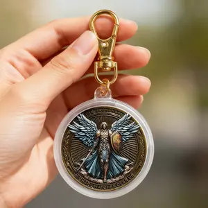 Large Angel Michael Memorial Coin with Keychain, Keychain For Bags, Backpack Key Collection Pendant, Christmas Party Surprise Gift, Birthday Present